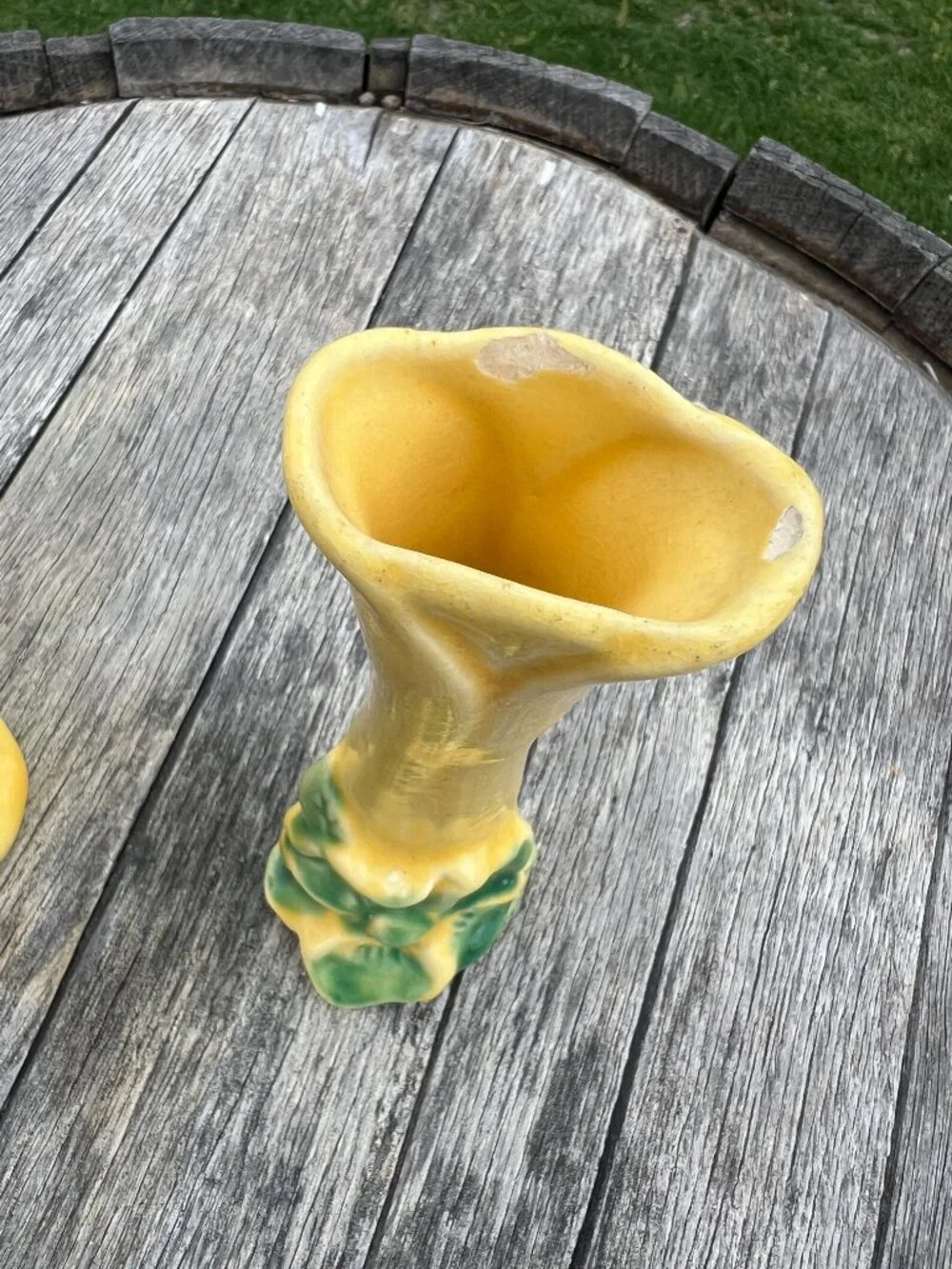 Pair of Vintage Yellow & Green Pottery Bud Vases | Cottage Floral Decor - Picture 4 of 10